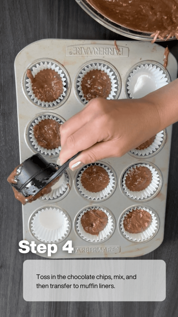 Gluten Free Chocolate Zucchini Muffins - Step 4 transfer mix to the muffin tins liners
