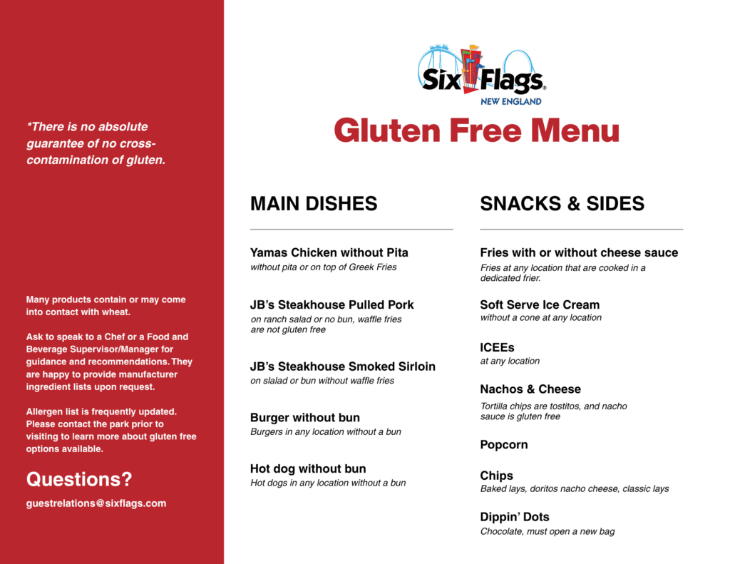 Gluten-Free menu at Six Flags New England.