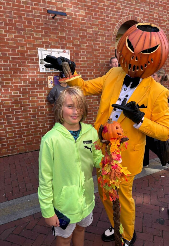 Gabriel Francis (GF) Dalesio with a character at Essex Pedestrian Mall in Salem, MA